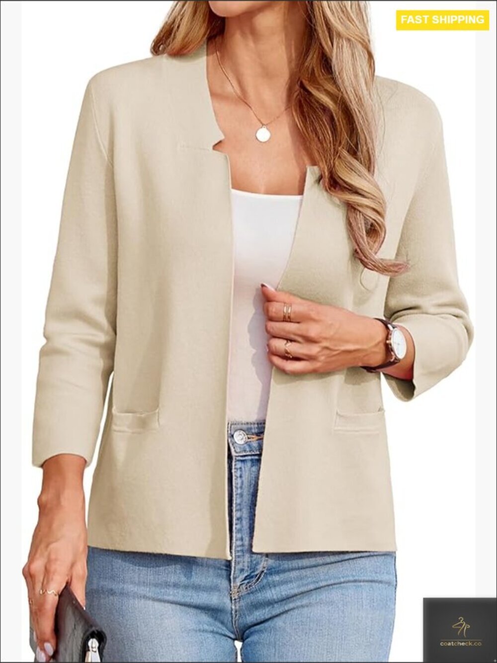 Lightweight Knit Blazer Cropped Cardigan 3/4 Sleeve Business Casual Chic